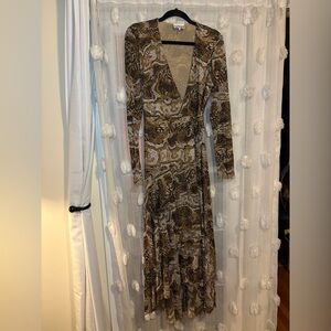 Ganni Mesh Long Sleeve Wrap Dress with High Low Ruffle Hem